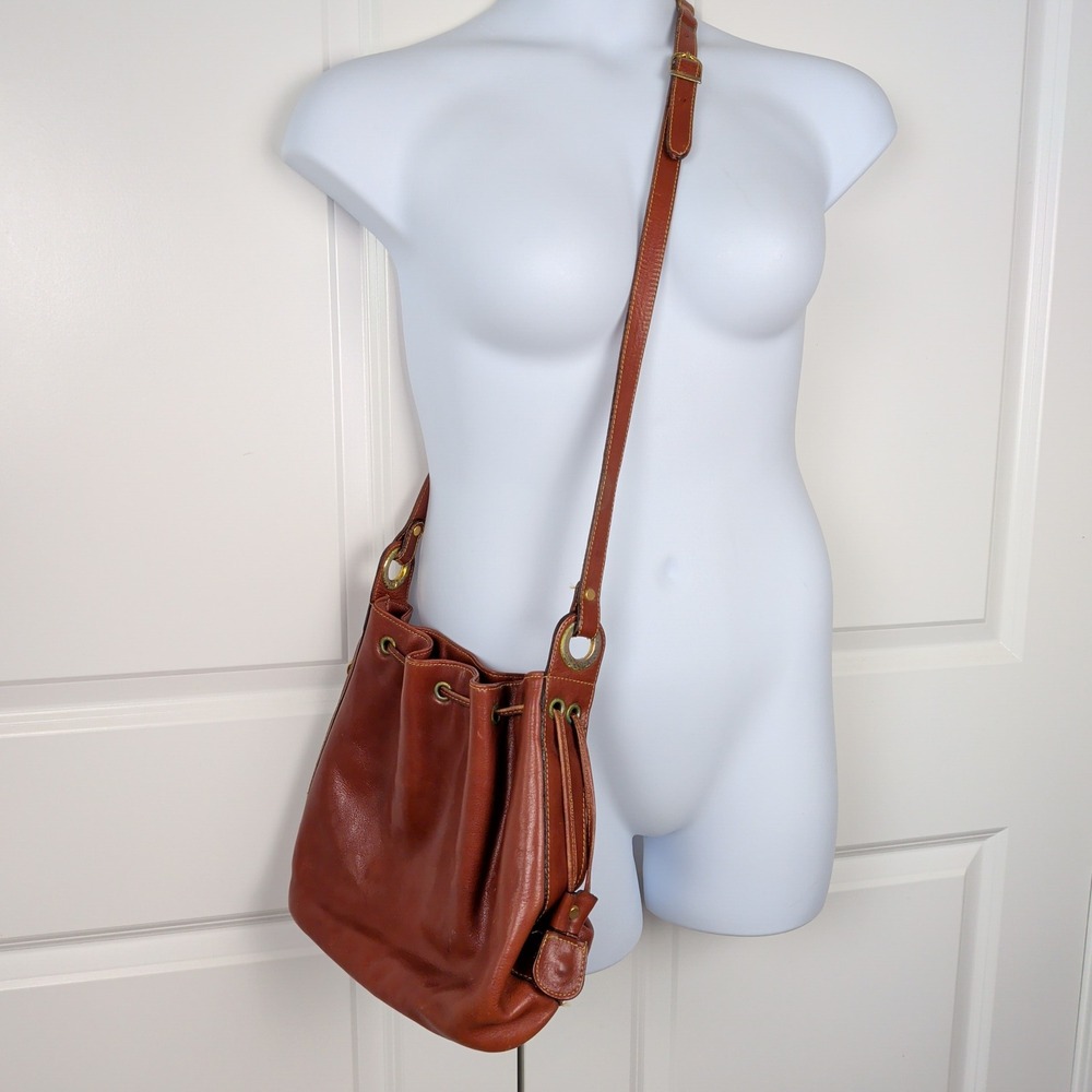 Katana Paris Vintage Brown Leather Drawstring Bucket Bag Crossbody Cognac Medium - Picture 13 of 13